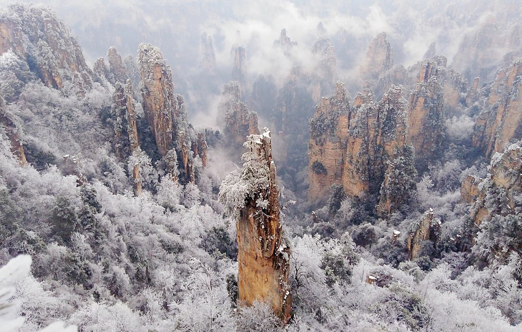 Snow-covered sandstone pillars in Zhangjiajie